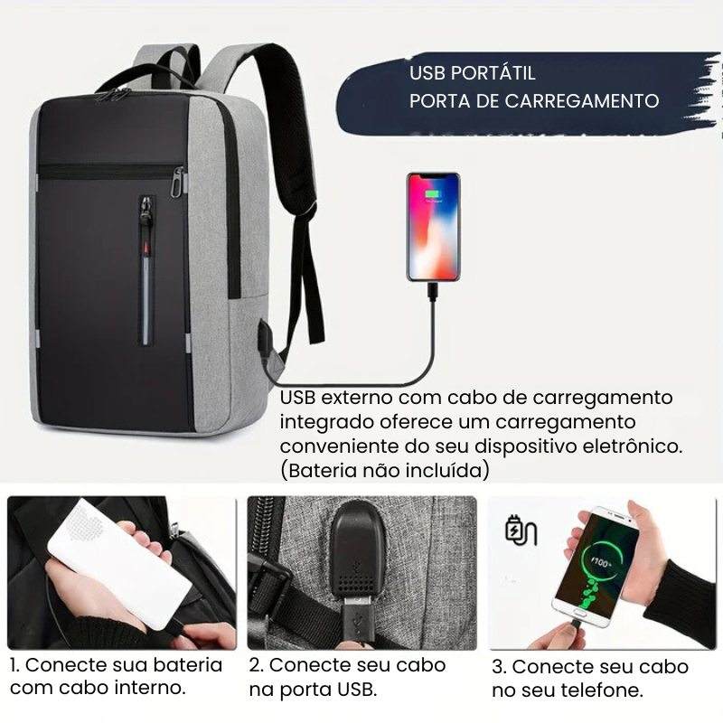 Mochila Executiva Luzzano LN420 minimalista, com porta USB e poliéster impermeável, perfeita para laptop no trabalho ou estudos com conforto.