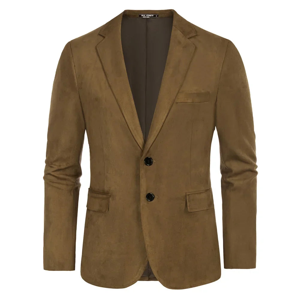 Blazer Masculino em Camurça Luzzano LN029, confeccionado em camurça premium, com fecho de dois botões, lapelas notch e modelagem sofisticada para um visual elegante.