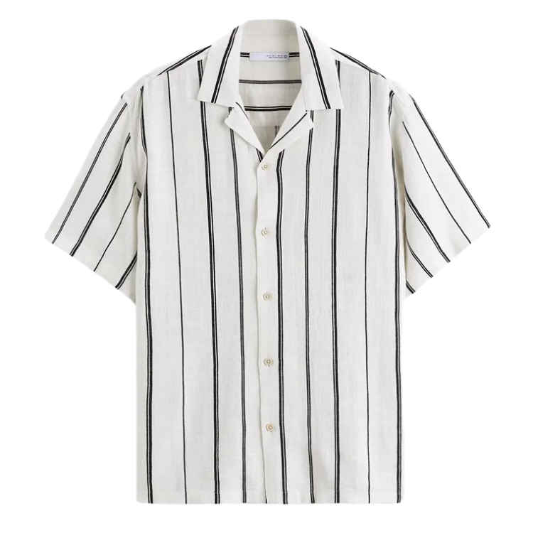 Camisa Masculina em Linho Listrada Luzzano LN359, tecido respirável, secagem rápida, modelagem casual e colarinho acampamento para um visual moderno.