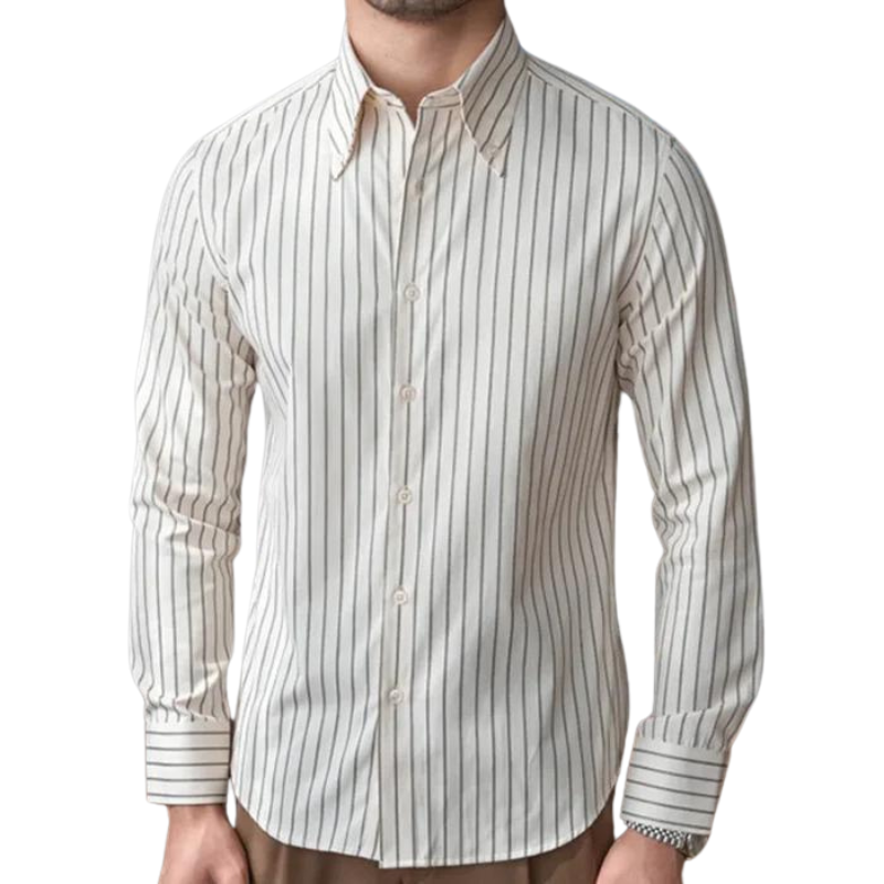 Camisa Social Listrada de Algodão Masculina Luzzano LN056 com modelagem slim fit, gola estruturada e tecido leve para um visual moderno e sofisticado.