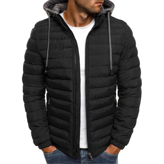 Jaqueta Puffer Masculina Luzzano LN108 em poliéster resistente, com forro de algodão, capuz removível e fechamento em zíper, ideal para o inverno.