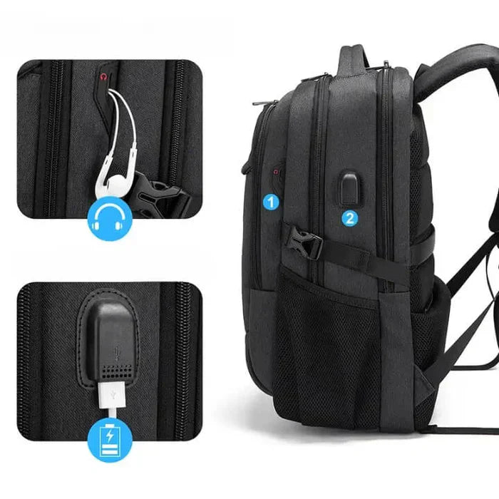 Mochila Executiva Luzzano LN084 com espaço para notebook 17", material impermeável, alças acolchoadas e porta USB integrada.