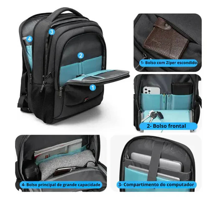 Mochila Executiva Luzzano LN084 com espaço para notebook 17", material impermeável, alças acolchoadas e porta USB integrada.