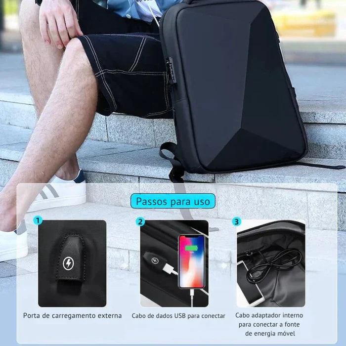 Mochila Executiva Luzzano LN087 com compartimento para notebook 14", material impermeável, alças ergonômicas e porta USB para mais praticidade.